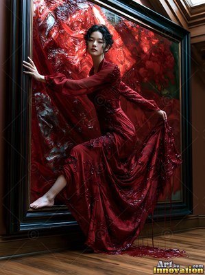 Stepping out of a dark frame, a woman wears a red dress on wood floors