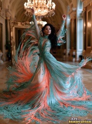 In a grand palace hall, a woman dances in a feathered teal and coral gown