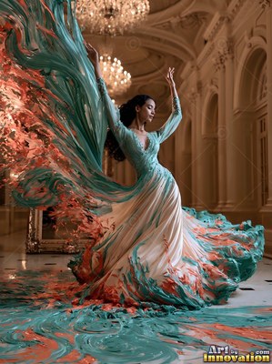 Dancing in a hallway, a woman wears a teal dress that swirls into thick wet paint