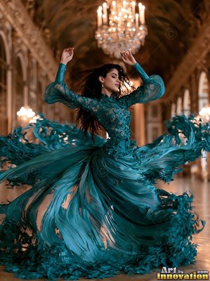 Woman spins in a flowing teal dress inside a grand hall