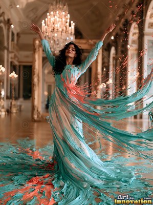 In a dress made of splashed blue paint, a woman dances inside a grand ballroom with a chandelier