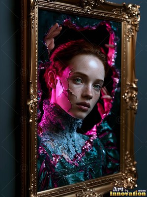 A woman breaks through a dark canvas inside a gold frame under pink light