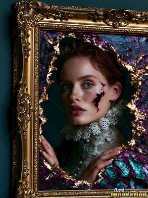 Leaning forward in a golden frame, a woman looks out from torn canvas