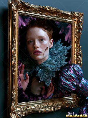A red-haired woman in a frilly blue collar reaches from a frame painted gold