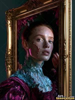 In a gold frame, a red-haired woman with cracked skin leans forward