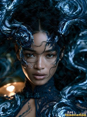 Looking forward, a woman is framed by thick swirls of dark blue paint