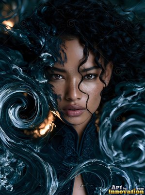 A woman with dark curls framed by swirling teal water waves