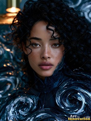 Dark curls frame a woman's face as she emerges from swirling blue paint near a warm light lamp