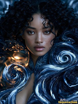 A woman emerges from swirling thick blue paint lit by soft warm highlights behind her