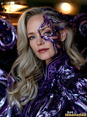 Turned toward the camera inside a studio, a woman wears shiny purple paint