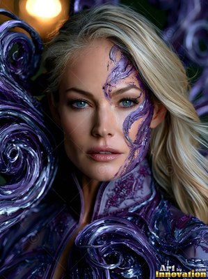 A yellow-haired woman looks forward as thick purple paint swirls across half of her face