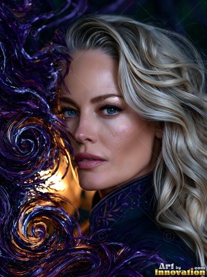 Before dark purple swirls, a woman with blonde hair looks over her shoulder