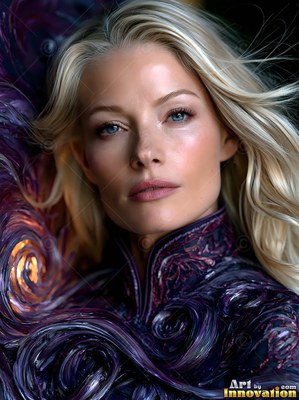 Looking forward, a blonde woman wears a high collar of purple swirls