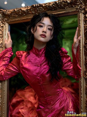 A woman in a shiny pink dress steps out of a gold frame