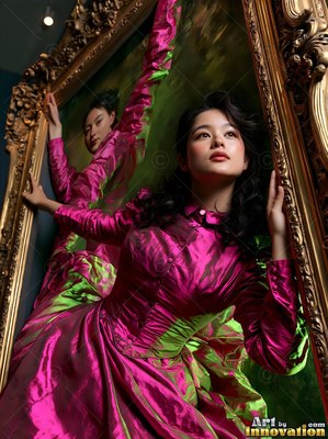 In a shiny pink dress, a woman leans forward out of a gold picture frame against a dark wall