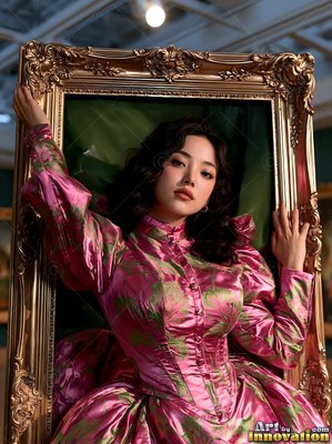 A woman climbs past a frame painted gold wearing a pink satin dress under soft indoor light
