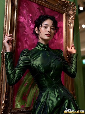 Leaning forward from a golden frame, a woman wears a dark green dress