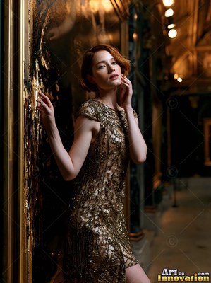 In a dim hall, a red-haired woman in a sparkly gold dress leans from a frame