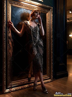 Stepping from a gold frame, a woman wears a beaded flapper dress in soft light