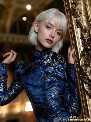 Short white hair frames a woman leaning out of a frame painted gold into a dim hall