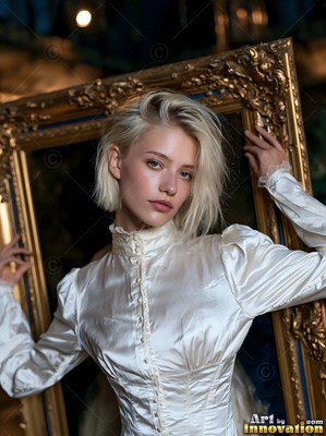 A blonde-haired woman steps forward through a frame painted gold, lit by soft light on her white dress