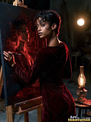 A woman in a velvet red dress paints her own reflection in a dark, lamp-lit studio