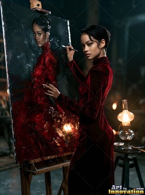A woman in a red velvet dress paints herself, lit by a warm lantern flame