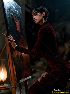 Leaning forward in a dark studio, a woman in red velvet paints an easel canvas