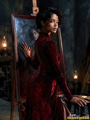 A woman in a red velvet dress stands by an easel and touches her painted reflection