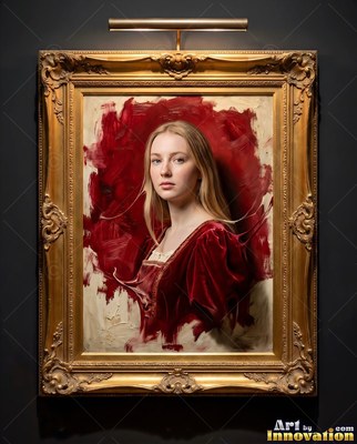 Inside a frame painted gold on a dark wall, a blond woman in red leans forward