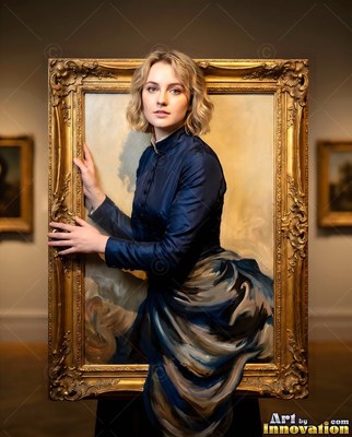 Stepping forward from a gold frame, a woman in a navy dress grips its carved edge