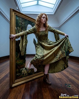 A red-haired woman in a green dress climbs out of a gold picture frame into a gallery
