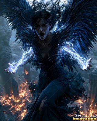 Screaming in fury, a winged dark woman shoots blue lightning over a burning city