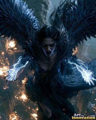 Winged woman screaming with blue lightning on her arms above fire