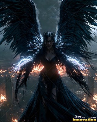 Wearing a ragged black gown, a winged woman screams while casting blue lightning over a burning field