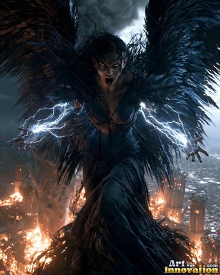A winged woman screams while casting lightning from her hands in sharp white light