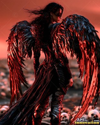 Seen from behind, a woman with feathered wings stands on a field of skulls in red light