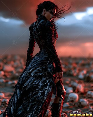 A woman in a black feathered gown stands in a field of skulls under a red sky