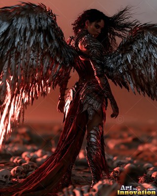 On a field of skulls, a woman with wings in dark armor looks back in red light