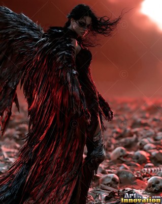 Standing in red light, a woman with feathered wings walks across a field of human skulls
