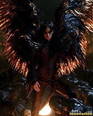 A dark-woman with wings in armor standing over fallen bodies