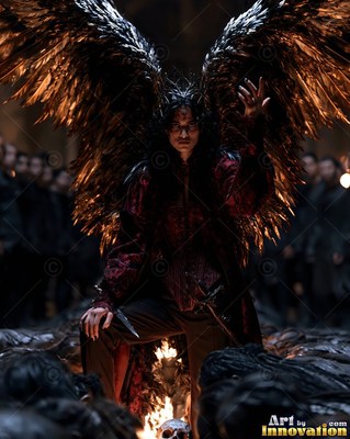 Dark feathered wings spread behind a woman in a red tunic inside a dark hall with fire