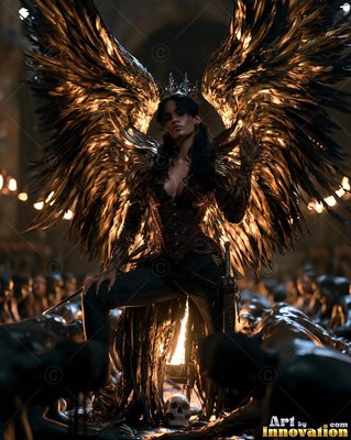 A winged woman stands over bowed figures, lit from behind by warm gold light