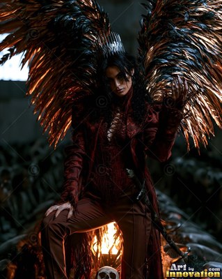 Standing in a dark hall, a woman with wings in red pants poses above a skull fire