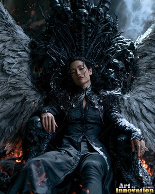 A woman with wings in black clothes leans back asleep on a dark skull throne
