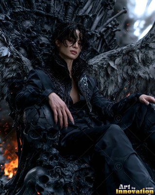 On a dark throne of skulls, a woman with wings rests in a black coat