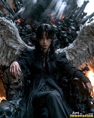 Sitting on a dark skull throne, a woman with wings in black robes stares forward