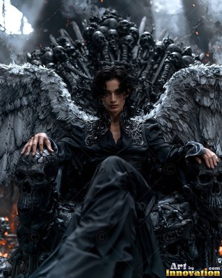 A dark-woman with feathered wings sitting on a black throne of skulls
