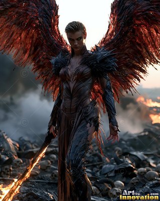 Spiked dark armor covers a woman with feathered wings holding a flaming sword on a battlefield filled with skulls