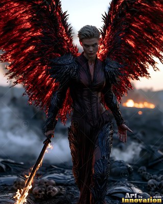 A woman in dark armor walks with a burning sword lit by red feathered wings